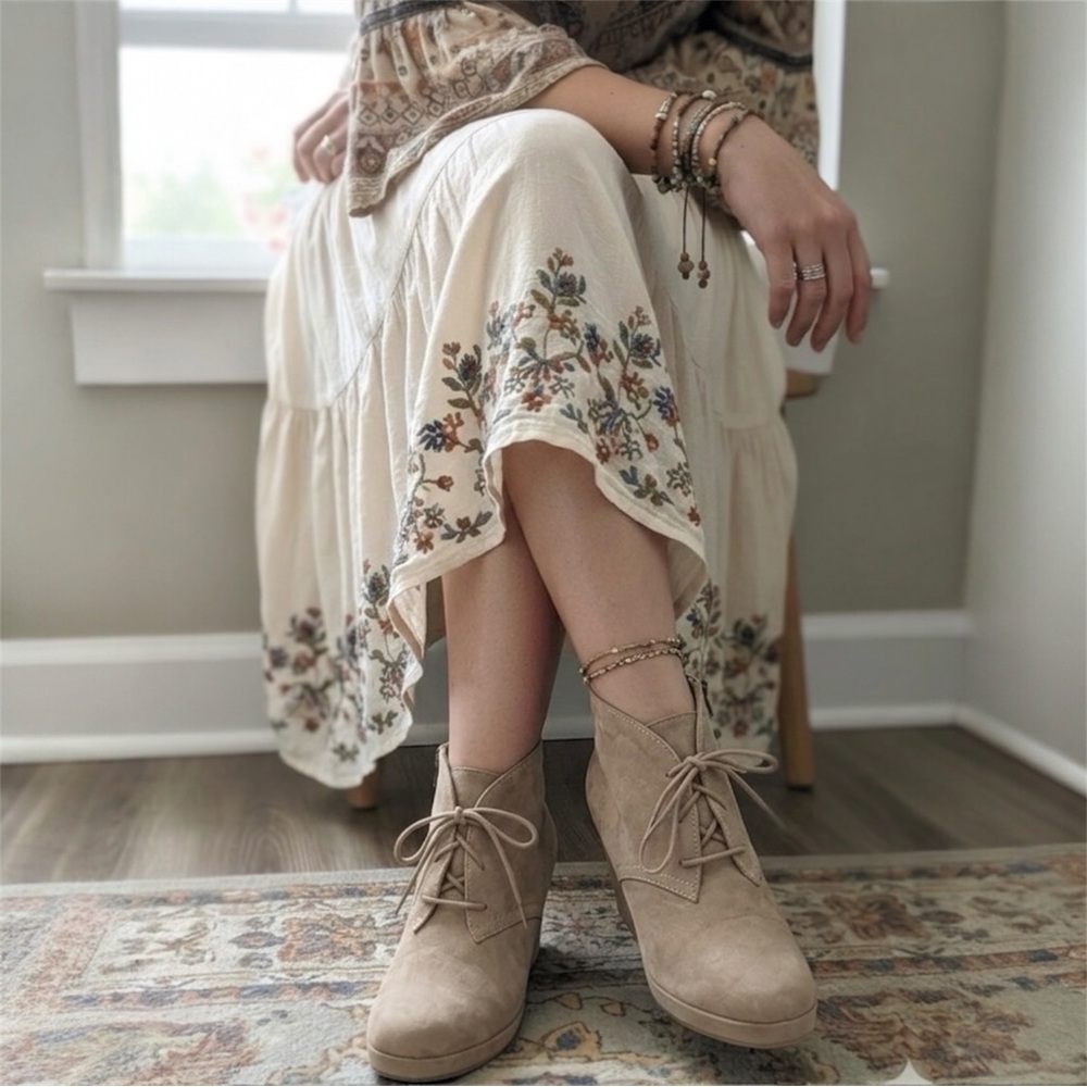Wedge Heel Booties Lace Up Tie Ankle Zip Dolce Vita by DV Terri Taupe Tan Beige
